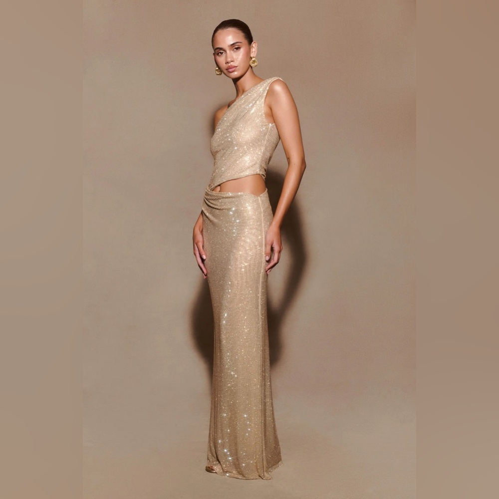 Meshki Kenny Diamante One Shoulder Maxi Dress in Gold